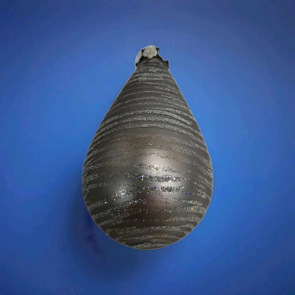 Large Vintage Silver Glitter Teardrop Christmas Ornament Striped Onion Shape